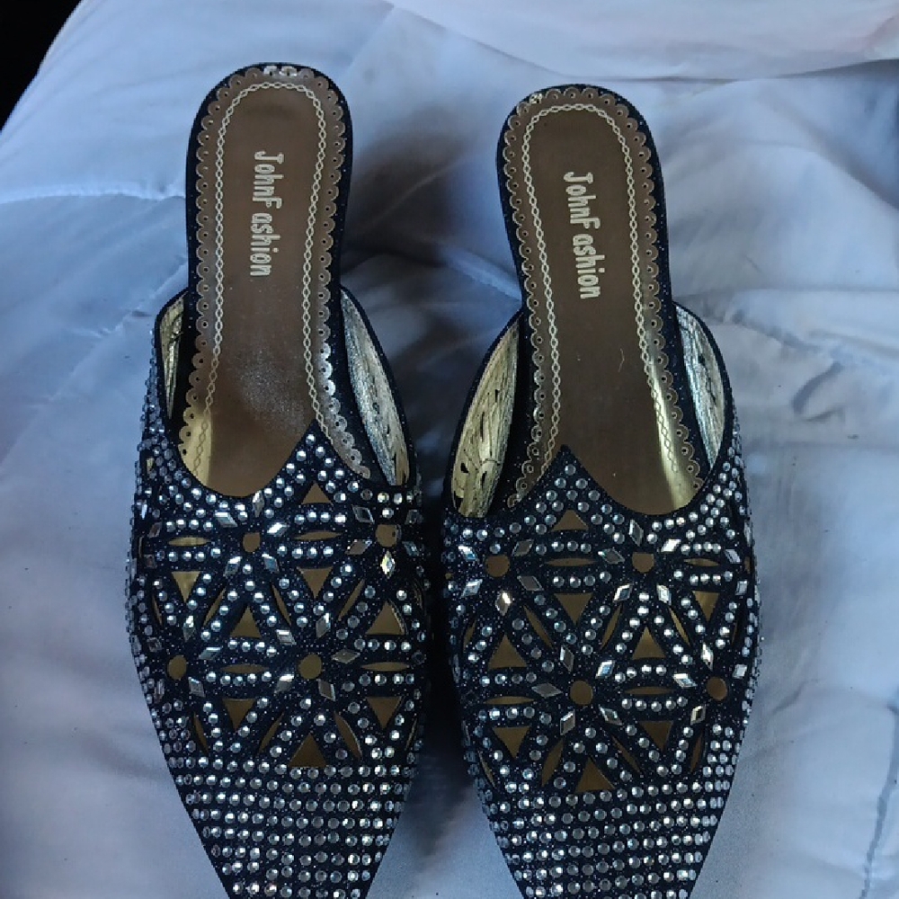 Black Beaded Mules with Geometric Design
